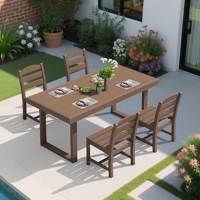 SERWALL HDPE Outdoor Dining Set for 4, 67'' Patio Table and Chairs Set | with Armless Seat