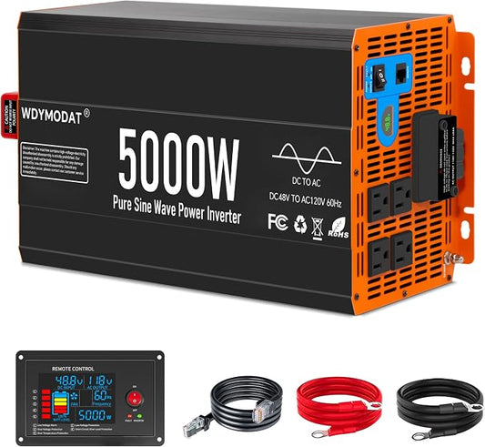 5000W Pure Sine Wave Inverter,48V DC to 120V AC Car Power Inverter 10000W Peak with 4 AC Outlets, 3.0A USB and Type-C, LCD Display 16.5 ft Remote Control for RV Truck Travel Solar Emergency