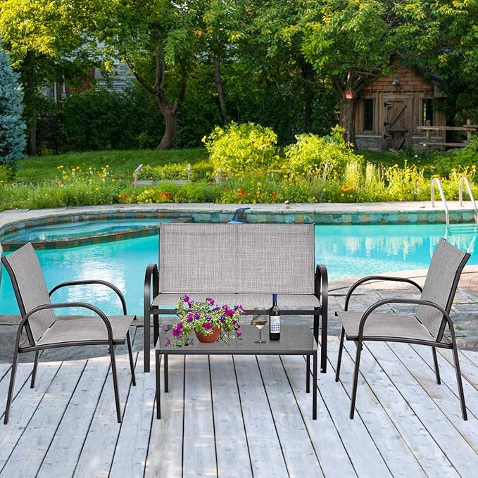 Tangkula 4 Pieces Patio Furniture Set, Metal Frame Heavy Duty Outdoor Conversation Set, Includes Glass Top Coffee Table, 2 Armrest Chairs and Loveseat, Suitable for Lawn Garden Porch Balcony (Gray)