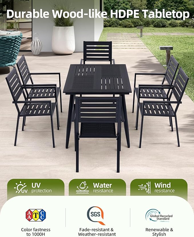 5-Piece Outdoor Dining Set - All-Weather HDPE Patio Table and 4 Stackable Chairs with Rust-Proof Steel Frame, Space-Saving Patio Furniture Set for Backyard (Black)