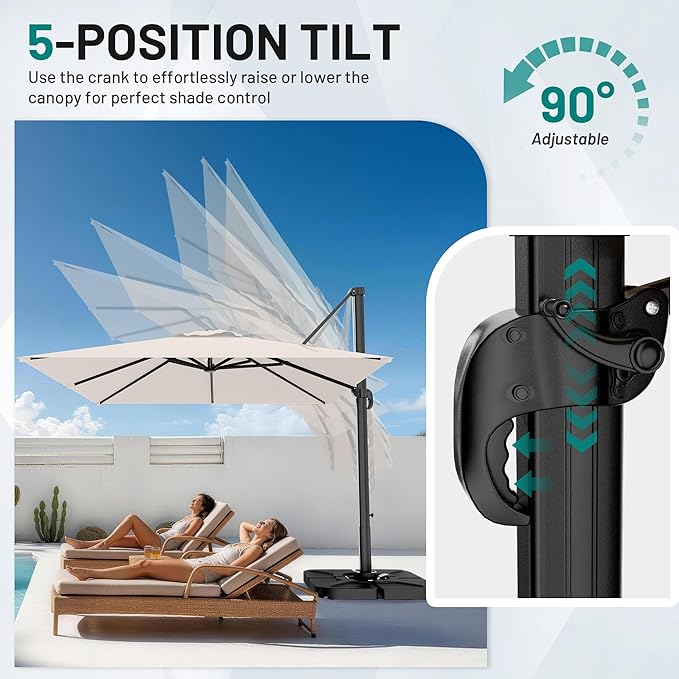 AreShark 8 X 8 FT Cantilever Patio Umbrella, 360-Degree Rotation Round Hanging Offset Umbrella with Crank, Heavy Duty Patio Umbrella for Patio, Pool, Garden, Deck, Cream White