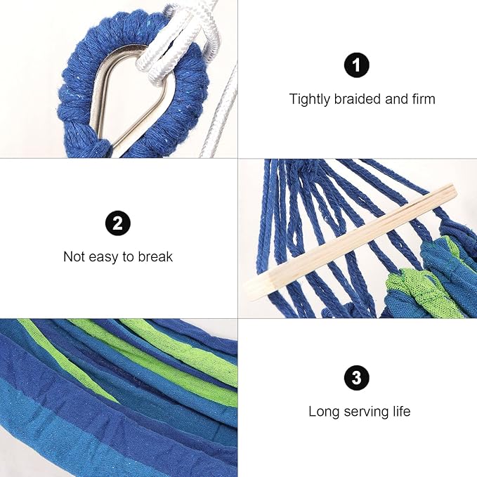DOITOOL Wide Canvas Camping Hammock with Duckbill Buckle, Anti-tip Double Hammock for Outdoor Backyard Garden, Suitable for Hiking Backpacking Travel, Blue Striped Patio Swing