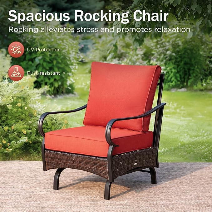 PHI VILLA Outdoor Modern Patio Furniture Set, Upgraded Wicker & Metal Patio Conversation Set with Waterproof Thick Cushions for Porch, Poolside, Yard(5 Pieces,Red)