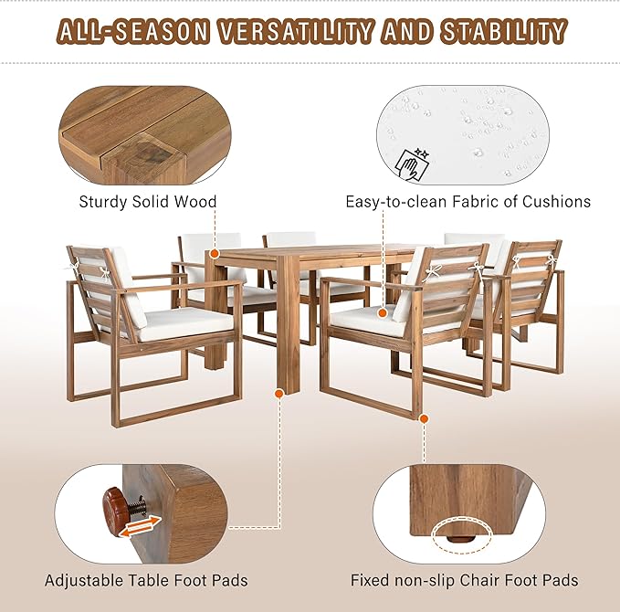 Merax Patio Table and Chairs Set, Outdoor Dining Set for 6 with Umbrella Hole, 7 Piece Outdoor Patio Furniture Set Wood Frame with Removable Cushion for Garden, Backyard, Lawn, and Poolside