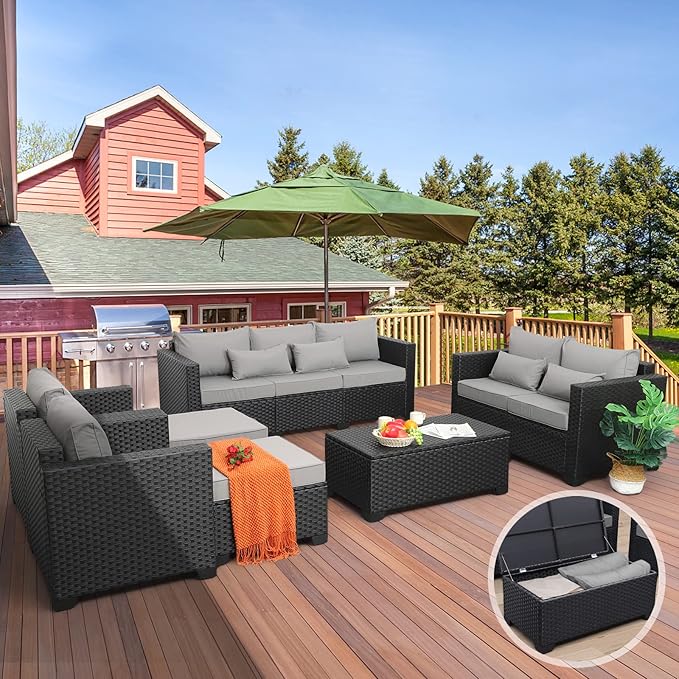 Patio Furniture Sets 7 Pieces Outdoor Furniture Sectional Patio Couches Set with Storage Table Light Grey Cushions