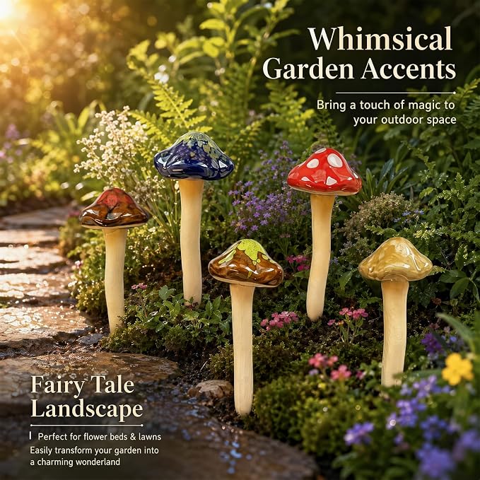 5 Pcs Ceramic Mushrooms for Garden Decor, Outdoor Fairy Garden, Yard | 4.7" Tall Pottery Mushroom Statues, Colorful Outside Ornaments for Lawn, Patio, Indoor Plant Flower Pots