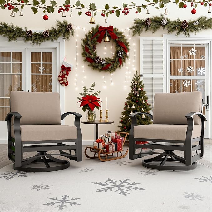 3 Piece Aluminum Swivel Rocking Chair Set, Outdoor Patio Swivel Gliders Chair with Glass Top Coffee Table, Conversation Furniture Set Suitable for Patio, Lawn, Outdoor, Back Garden(Brown)