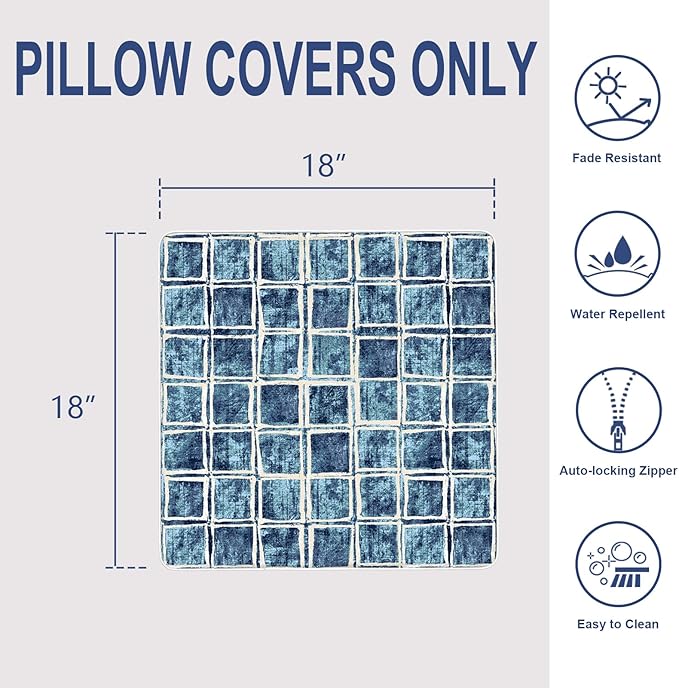 Outdoor Throw Pillow Covers Pack of 2, Decorative Water Repellent Square Pillow Cases with Piping 18x18 Inch, Denim Blue Checkered