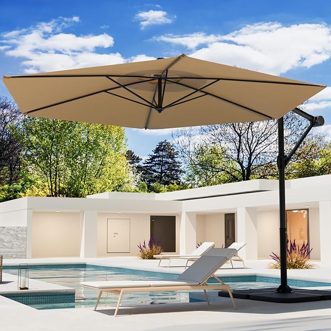 COSIEST Offset Patio Umbrella, Cantilever Hanging Outdoor Umbrella w/360-degree Rotation, Handy Crank, UV/Waterproof Canopy, 6 Ribs for Market, Backyard, Poolside, Garden
