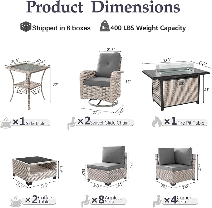 Patio Furniture Set, 18-Piece Outdoor Sectional Sofa with Swivel Rocker Chairs & Fire Pit Table, Wicker Patio Conversation Set with Coffee Table, Gray Cushions