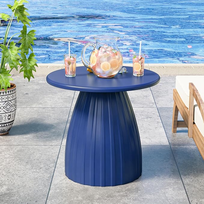 Round Metal Outdoor Patio Side Table, Steel Outdoor Accent Table, Small Patio End Table, for Garden, Pool, Yard, Balcony, Living Room, Deck, Weather Resistant, No Assembly, Blue