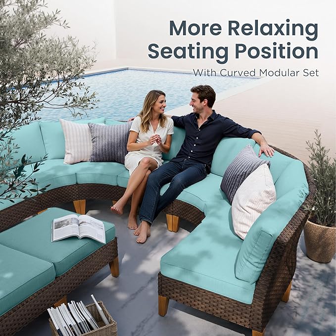 PHI VILLA 5-Piece Wicker Patio Furniture Set, Outdoor Sectional Sofa Conversation Set with Aqua Blue Cushions, Half-Moon Curved Modular Couch for Garden, Deck, Backyard