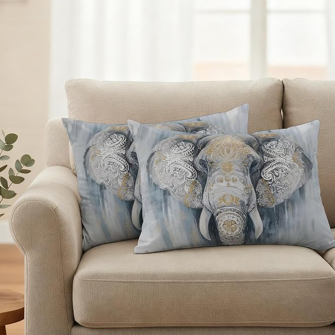 Boho Elephant Outdoor Pillow Covers 20"x12" Set of 2, Floral Pattern Animal Abstract Waterproof Throw Pillow Covers for Patio Furniture, Decorative Cushion Covers for Porch