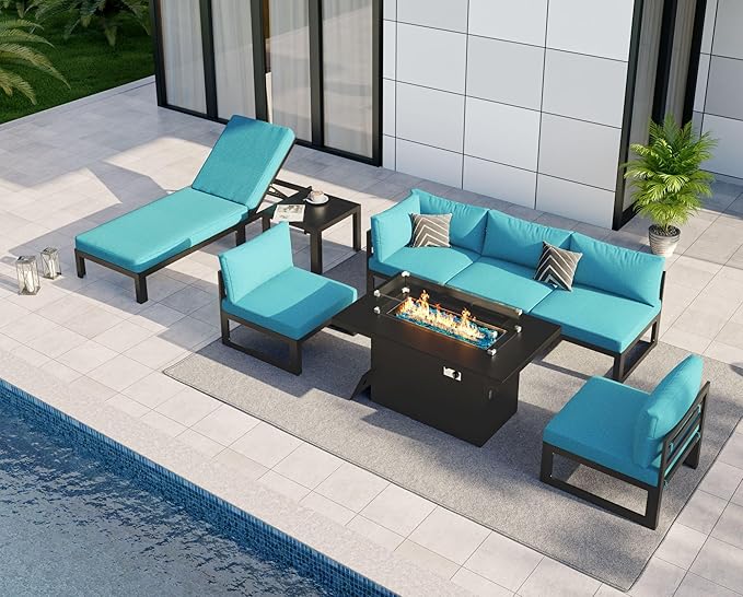 NICESOUL 8 Pcs Oversized Modern Aluminum Outdoor Patio Furniture Set with Lounge Chair & Fire Pit Table, 29" Wide Deep Seating Sectional Sofa, 500 lbs Heavy Duty Poolside Conversation Set, Turquoise