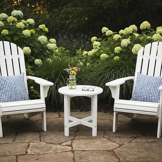 Outdoor Side Table for Patio Round HDPE Outdoor End Table with Storage Shelf，Plant Stand Tables for Patio Porch Balcony Garden,Weatherproof，White