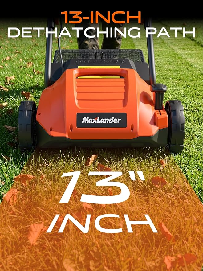MAXLANDER 13 Inch 12 Amp Electric Dethatcher and Scarifier, 2-in-1 Lawn Dethatcher with 4-Position Depth Adjustment, 30L Removable Collection Bag, Airboost Technology Increases Lawn Health