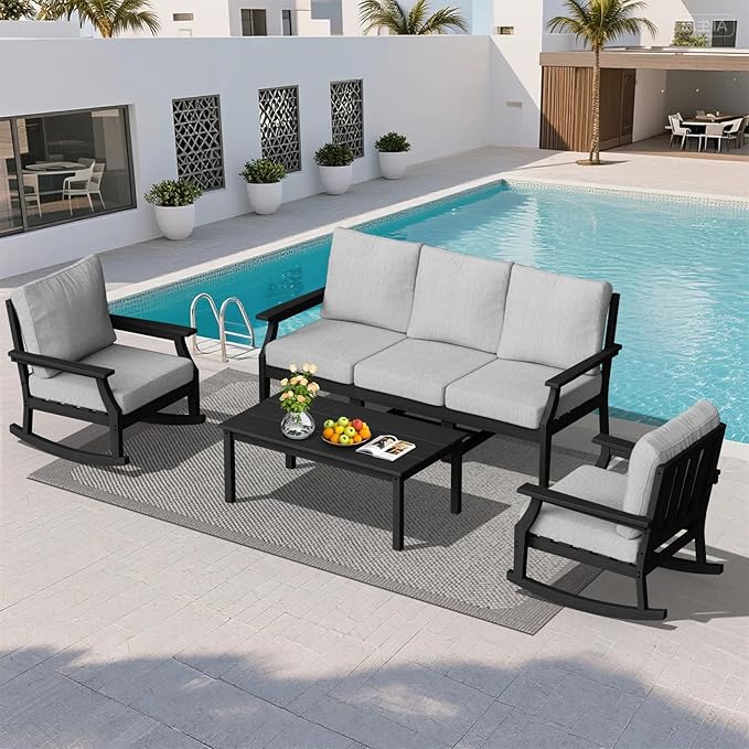 HDPE Patio Conversation Set, 6-Piece All Weather Outdoor Furniture Set with 2 Single Rocking Armchairs for Deck, Lawn, with Cushion, Black