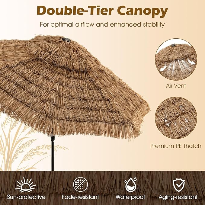 Tangkula 10 ft Thatched Patio Umbrella, 2 Tier Hawaiian Style Grass Beach Umbrella with 32 Led Lights, Center Light, Solar Tiki Umbrella with 8 Ribs, Tilt Adjustment, Manual Crank for Backyard, Poolside, Deck
