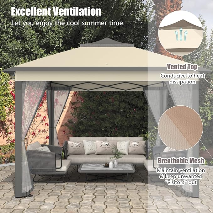 Tangkula 11x11 Ft Pop up Gazebo, 2-Tier Patio Gazebo with Netting, Carry Bag, Easy Set up Outdoor Gazebo with 121 Square Feet of Shade for Backyard, Deck, Poolside (Brown)