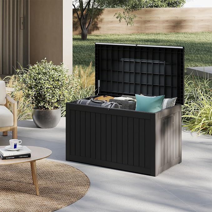 230 Gallon Outdoor Deck Boxes, IP68 Waterproof Outdoor Storage Box with Hydraulic Lid Support, Outside Resin Container for Furniture, Toy, Shoe, Garden & Patio Tools Storage -Black