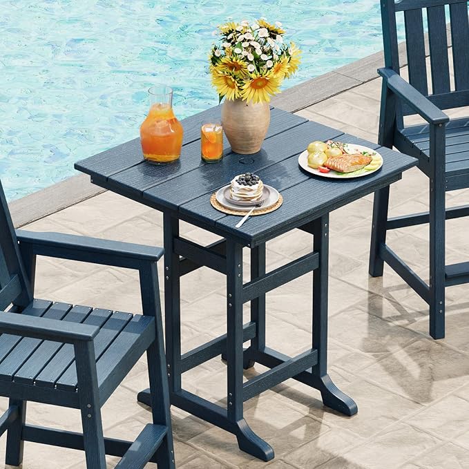 Takywep 31.5" Square HDPE Wood Grain Outdoor Bar Table, 39.6" High Weatherproof Pub Table for Patio and Poolside, Tall Bistro Table with 300 Lb Weight Capacity and Umbrella Hole, Navy Blue