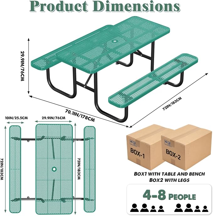 Ceridwen Heavy Duty Picnic Table with 2 Benches, Expanded Metal Steel Mesh Outdoor Patio Dining Table Bench Set with Umbrella Hole,Outdoor Patio Dining Table for Garden (Rectangular, Green, 6FT)