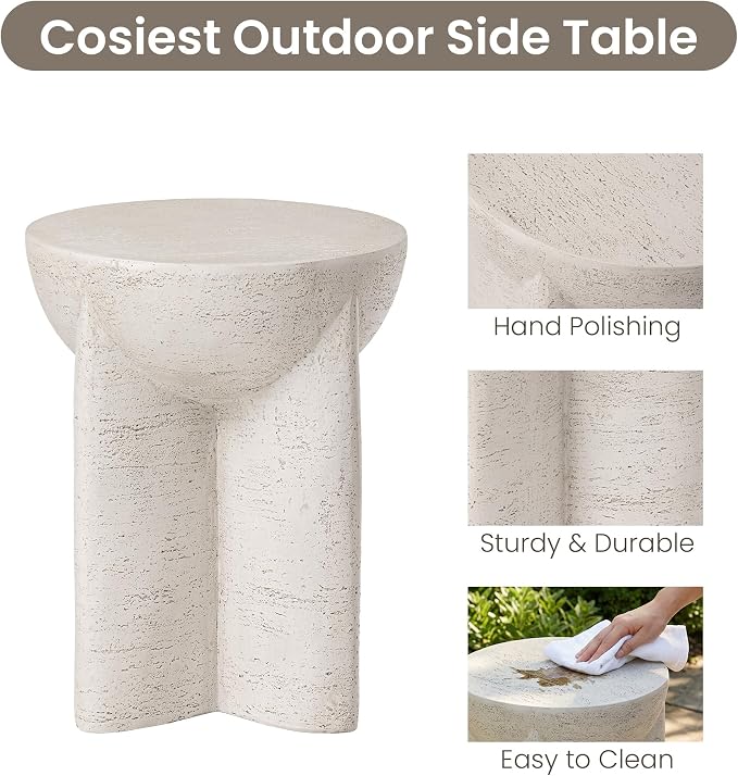 COSIEST Outdoor Side Table White, MgO Concrete Side Table, Lightweight Outdoor Accent Table with Faux Natural Slate Rock, Cylinder Patio Table Top Plant Stand for Garden and Deck