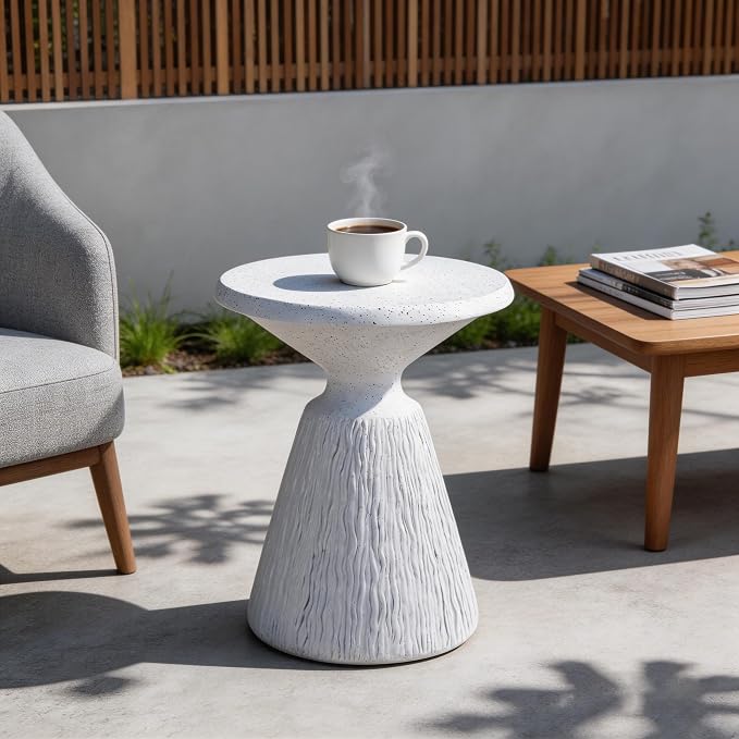 Cement Outdoor Side Tables for Patio, Garden Accent Table Faux Terrazzo End Table, Modern Small Round Side Table for Outside, Tree Stump Garden Stool Drum Table Indoor and Outdoor 16.73"*21.26" White