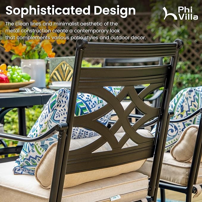 PHI VILLA 9 Pieces Outdoor Dining Set for 8, 60" Square Black Metal Table with Umbrella Hole & Wrought Iron Chairs, Large All Weather Outside Furniture with Cushions & Pillows for Patio, Porch, Deck