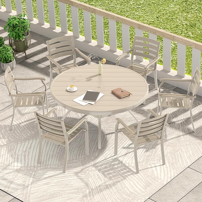 LUMISOL 7-Piece Outdoor Patio Dining Set, 4 Stackable Metal Dining Chairs and 40.6" Round Metal Dining Table, Outdoor Table and Chairs for Lawn Garden Backyard, Sandstone