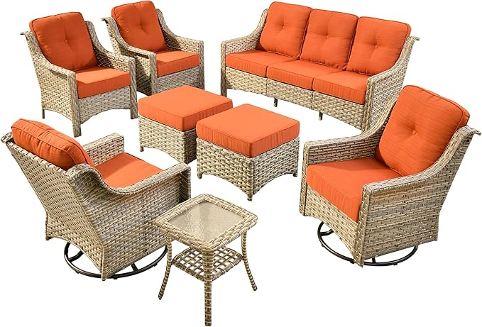 8 PCS Outdoor Patio Furniture Sets ,Patio Conversation Sets Outside Rattan Soft Cushion Sofa with 2 Wicker Rocking Chairs Soft Cushion Fit Backyard Porch Garden Poolside Balcony，Coarse Stripes Red