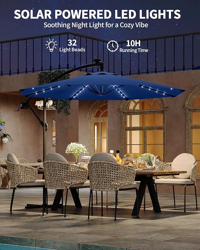 10FT Cantilever Patio Umbrella with Solar LED Lights - Heavy Duty 2-Tier Square Aluminum Offset Outdoor Umbrella, 360° Rotation for Poolside, Backyard, Deck Outdoor Use, Tan