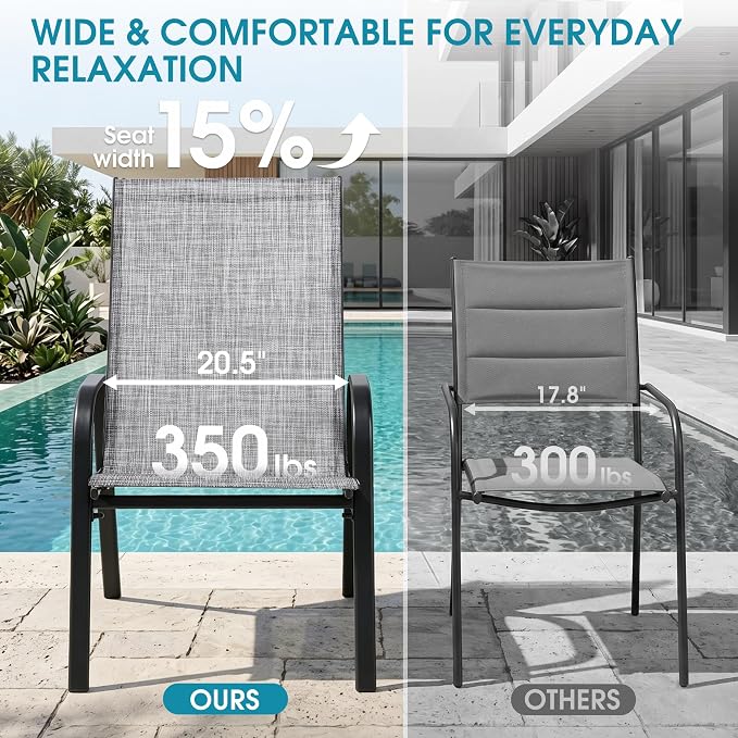 24.4" Wide Outdoor Stackable Chairs Set of 8, Stacking Patio Chairs with Textilene Fabric, Outside Furniture for Garden Backyard Balconie Poolside Deck, Grey