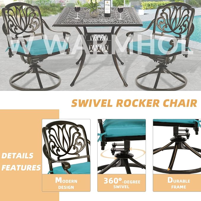 5 Piece Patio Dining Set, Outdoor Table and Chairs Set for 4 Cushioned Swivel Rocking Chairs and 35.4'' Square Table, All-Weather Cast Aluminum Patio Funiture Set, 2.2'' Umbrella Hole, Blue