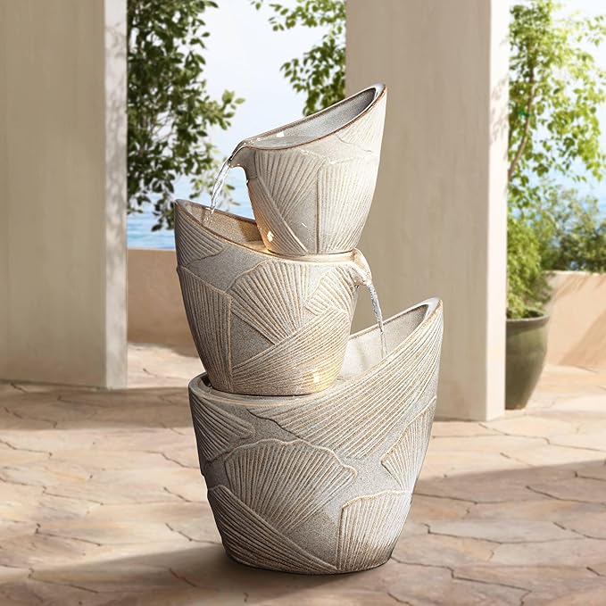 Three Urn 30" High Large Coastal Modern Indoor Outdoor Decor Faux Stone Floor Fountain with Light LED Waterfall Cascading Water Feature for Outside Garden Patio Yard Backyard - John Timberland