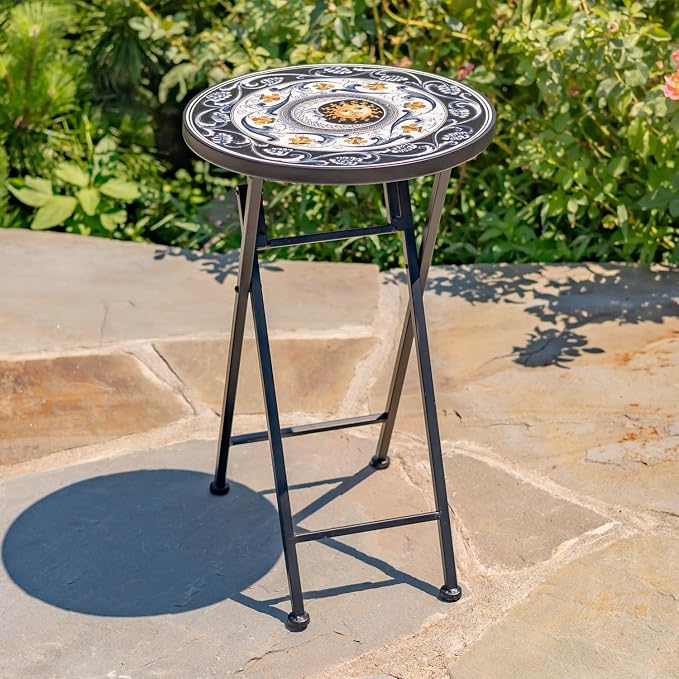 Mosaic Tile Furniture with Black Metal Frame and Patterned Tile Tops (Luna - Black/Blue/Yellow, Folding Accent Table)