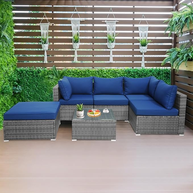 Tangkula 6 Pieces Sectional Patio Furniture Set, Weather Resistant Heavy Duty Outdoor Modular Sofa Set with Soft Padded Cushions, Tempered Glass Coffee Table, for Deck, Garden, Lawn, Poolside (Navy)