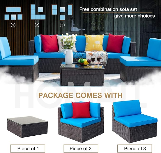 Homall 6 Pieces Patio Outdoor Furniture Sets, Low Back All Weather Rattan Sectional Sofa Manual Weaving Wicker Conversation Set with Coffee Table and Washable Couch Cushions (Blue)