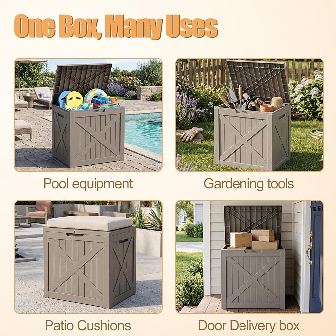 35 Gallon Waterproof Resin Deck Box, Outdoor Lockable Storage Bins Container Container for Patio Cushions Garden Tools Delivery Box, Grey