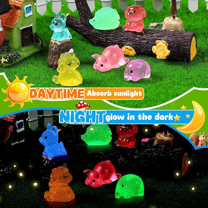 200PCS Luminous Mini Resin Animals 30 Styles, Little Small Animal Figures to Hide Tiny Resin Animals Variety Pack for Fairy Garden Accessories Micro Landscape Dollhouse Decor.