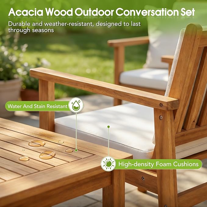 Flamaker 8 Piece Outdoor Furniture Set, Outdoor Table and Chairs with Comfy Cushions, Acacia Wood Patio Furniture for Porch, Patio, Garden, Poolside