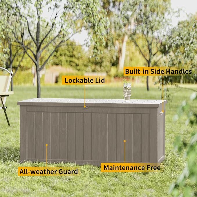 230 Gallon Outdoor Storage Box, Waterproof Resin Deck Container with Lockable Lid, Patio Organizer for Cushions & Garden Tools, Grey