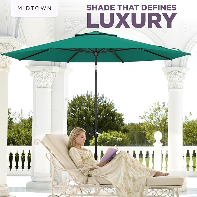 Midtown Umbrellas - The Lean 10 Ft Patio Umbrella with Fade-Resistant Sunbrella Fabric, Auto-Tilt Aluminum Frame and 8 Reinforced Ribs for Deck, Pool & Garden - Canvas Glacier Canopy, Black Pole