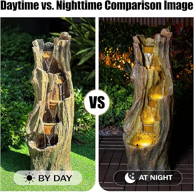 Waterfall Fountain Outdoor Garden Tree Trunk Cascading Water Feature with LED Lights Tall Resin Fountain for Patio Backyard Porch Lawn Relaxing Waterfall Decor 41 Inch