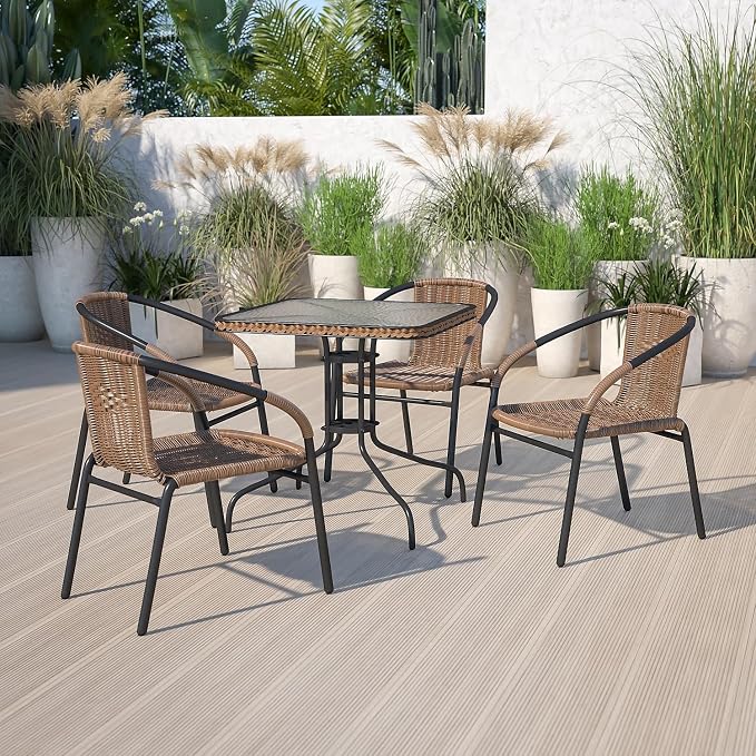 Flash Furniture Barker 28'' Square Tempered Glass Metal Table with Dark Brown Rattan Edging