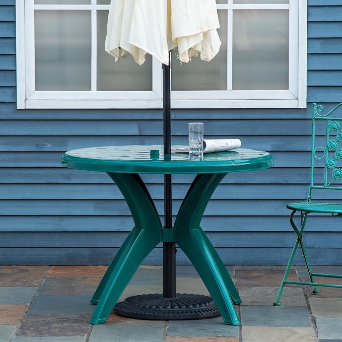 Penau 36.25 Inchs Dia Round Plastic Patio Table with Umbrella Hole, Outdoor Bistro Dining Table for Bar Garden Backyard Poolside Yard, 36.25 x 28.25 Inchs, Green