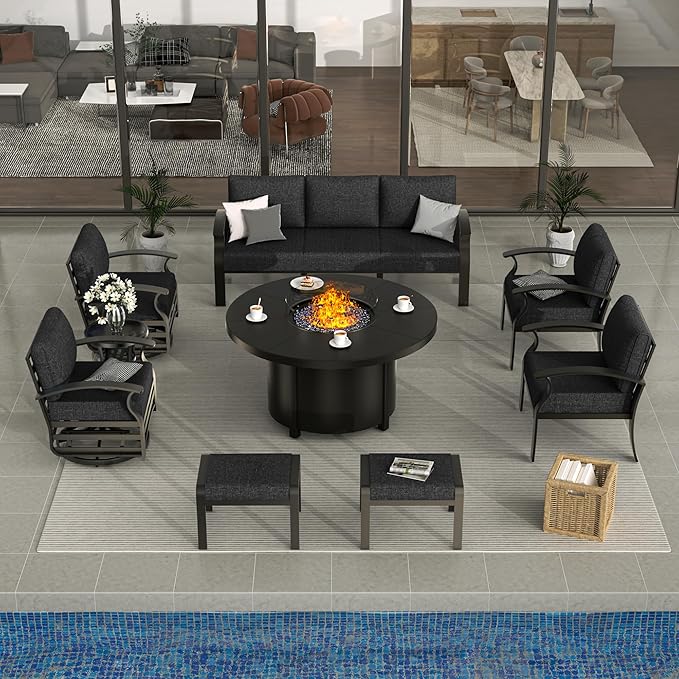 ALAULM Aluminum Patio Furniture Set with Round Propane Fire Pit Table 9-seat Metal Outdoor Furniture w/Swivel Chairs & 2 Ottomans Patio Sectional Sofas for Porch, Lawn, Poolside（Black