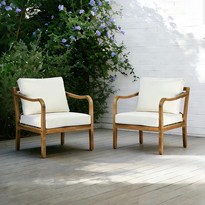 Merax Outdoor Acacia Wood Armchair Set of 2 with Elegant Cross Back Design, Deep Seating Patio Lounge Chairs with Removable Soft Cushions for Porch, Garden, Backyard, Balcony, Teak & Beige