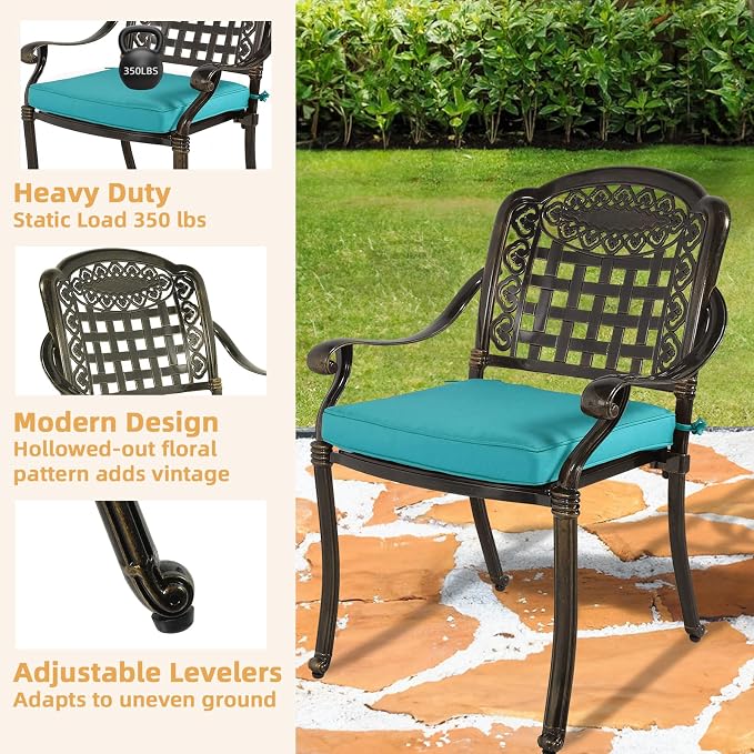 9-Piece Patio Furniture Dining Set, All Weather Cast Aluminum Outdoor Conversation Set- 61" Round Patio Dining Table with Detachable Lazy Susan & 8 Chairs, 2" Umbrella Hole, Ocean Blue