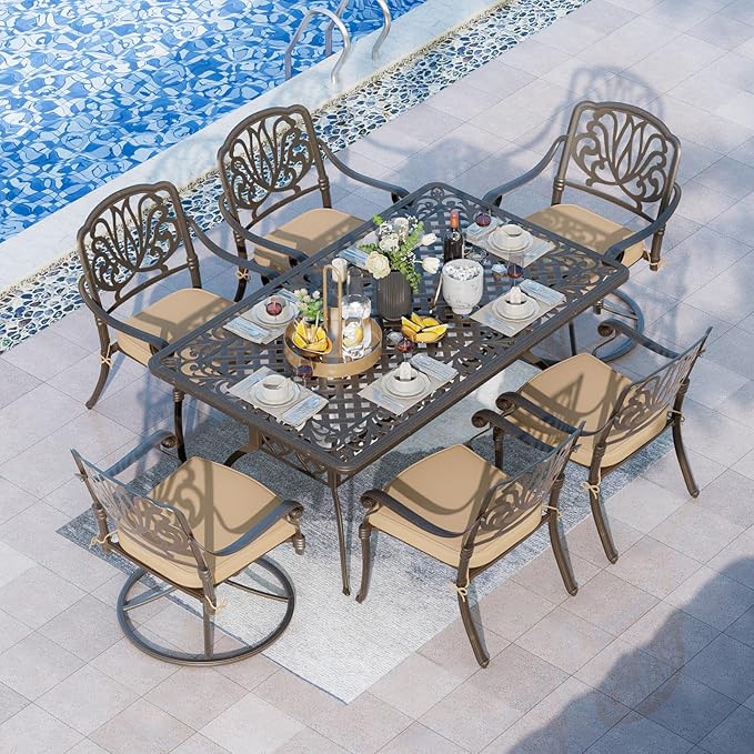 Grepatio 7 Piece Patio Dining Set Outdoor Cast Aluminum Furniture Set with 4 Chairs 2 Swivel Chairs and Umbrella Hole Table for Backyard Garden Poolside with 6 Cushion (Khaki)